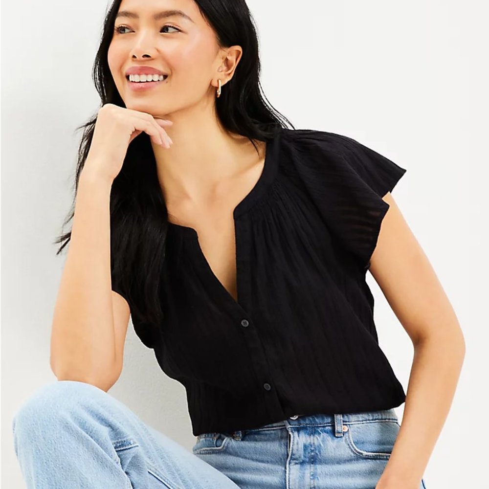 Loft Flutter Sleeve Button Up Top Blouse In Black Size S NWT